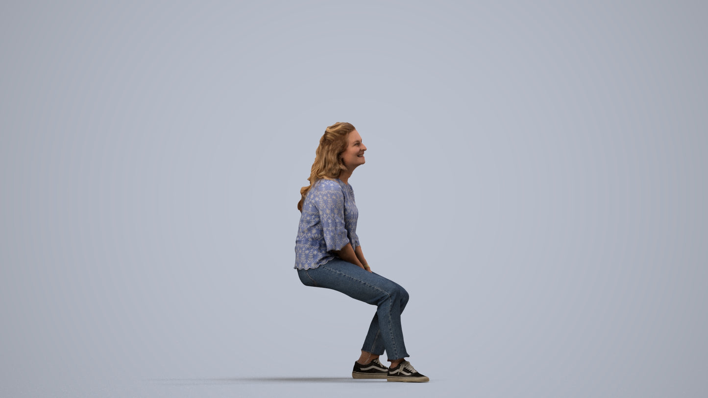 3D people model woman casual sitting, scanned human for 3ds Max rendering, side view render