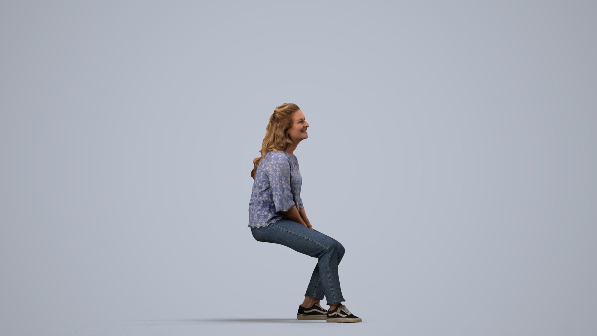3D people model woman casual sitting, scanned human for 3ds Max rendering, side view render