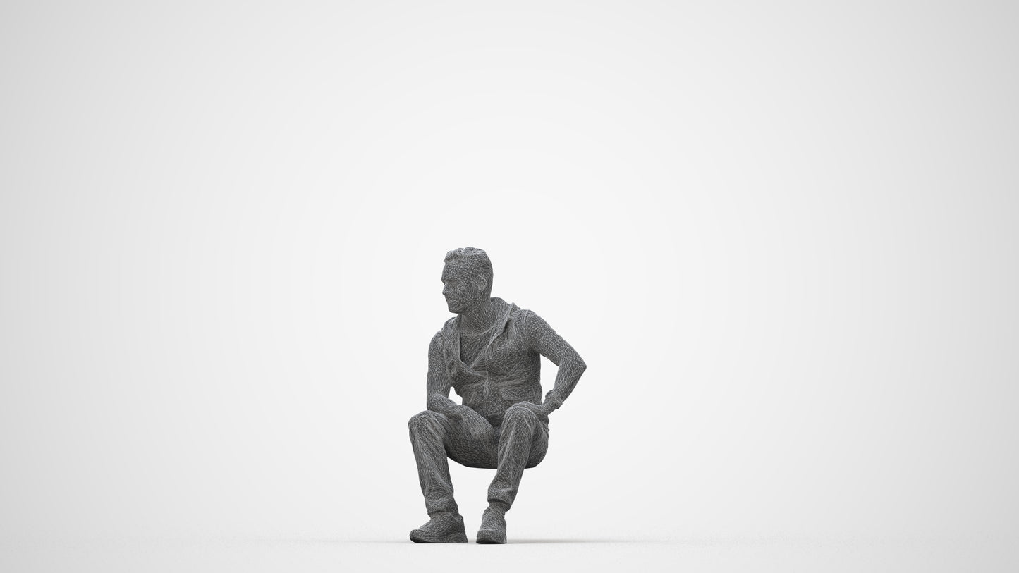 3D people model man casual sitting, scanned human for 3ds Max rendering, wireframe back view