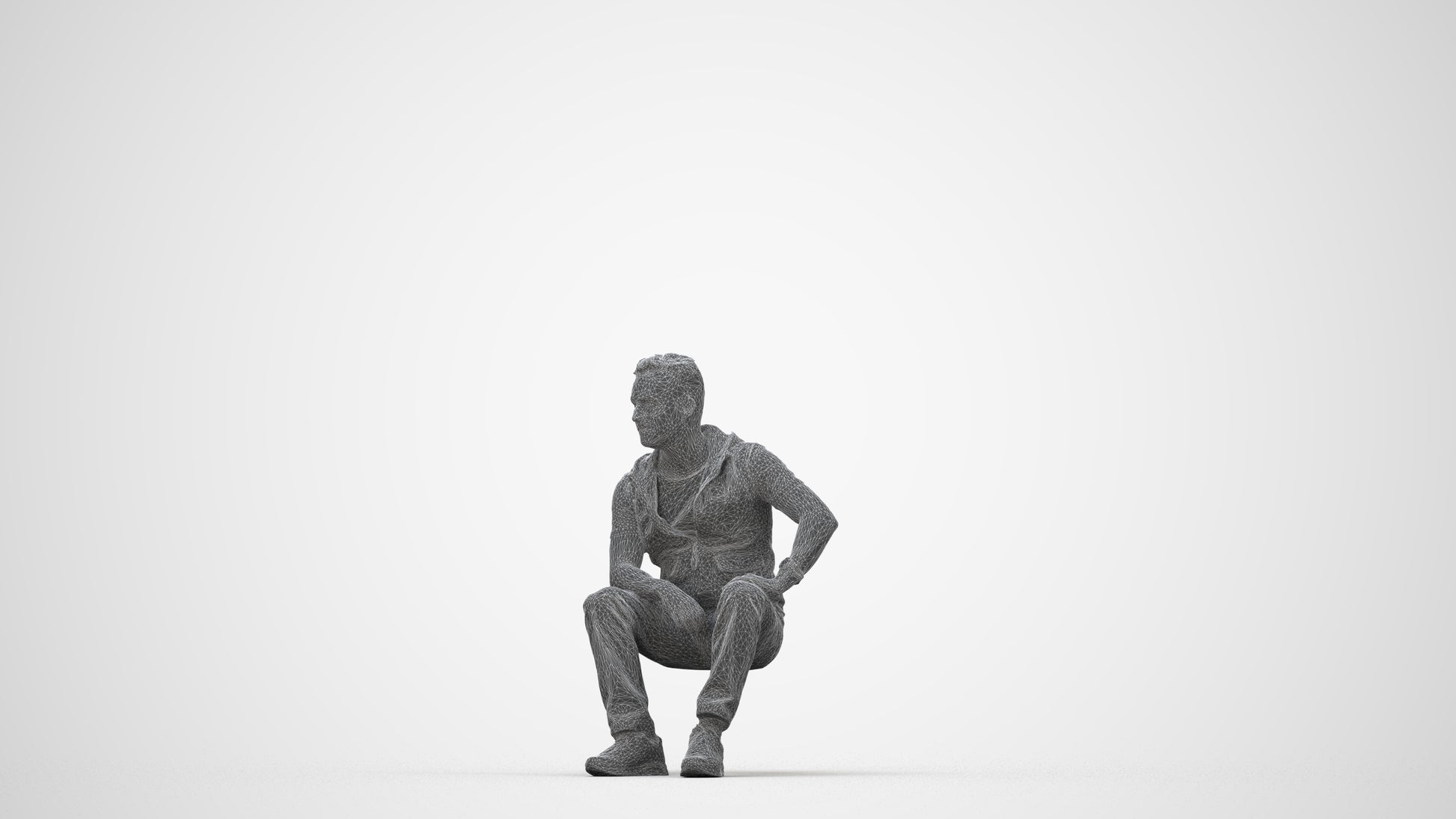 3D people model man casual sitting, scanned human for 3ds Max rendering, wireframe back view