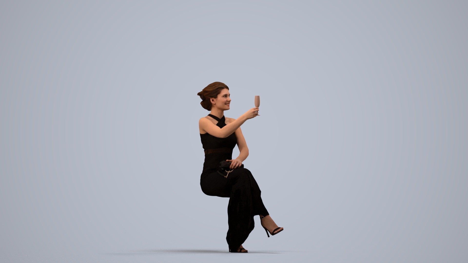 3D people model woman formal sitting, scanned human for 3ds Max rendering, side view render