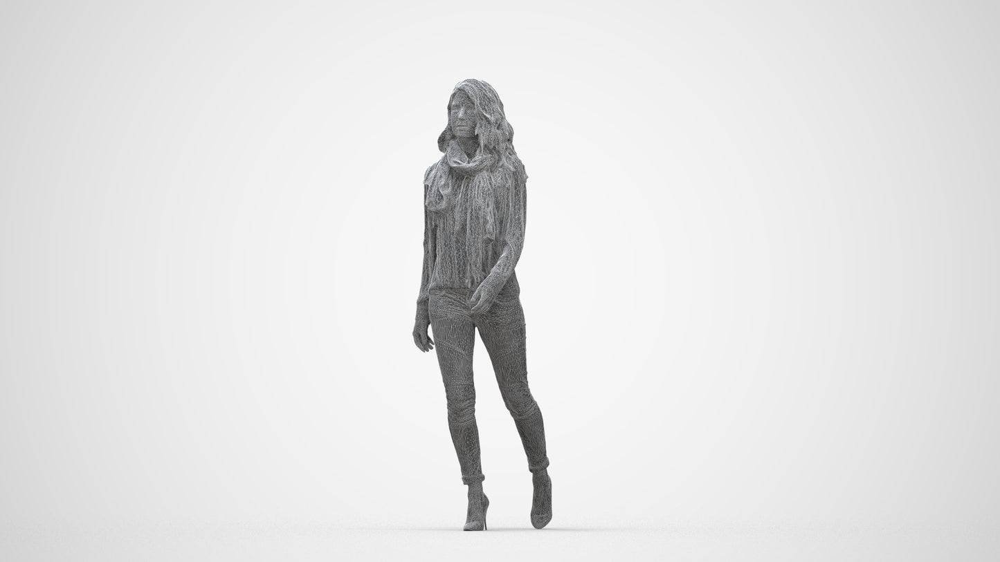 3D people model woman casual standing, scanned human for 3ds Max rendering, wireframe back view