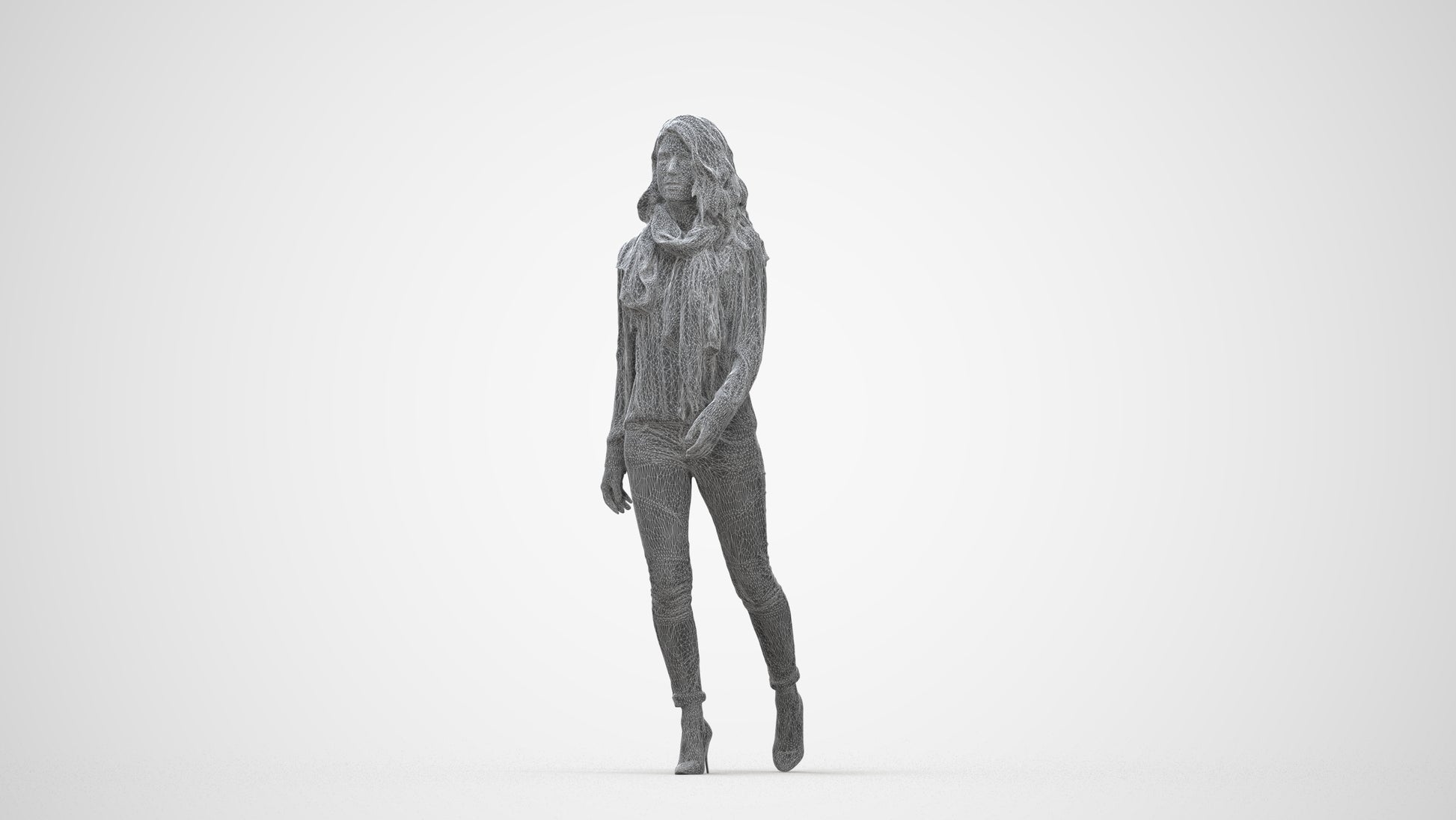 3D people model woman casual standing, scanned human for 3ds Max rendering, wireframe back view