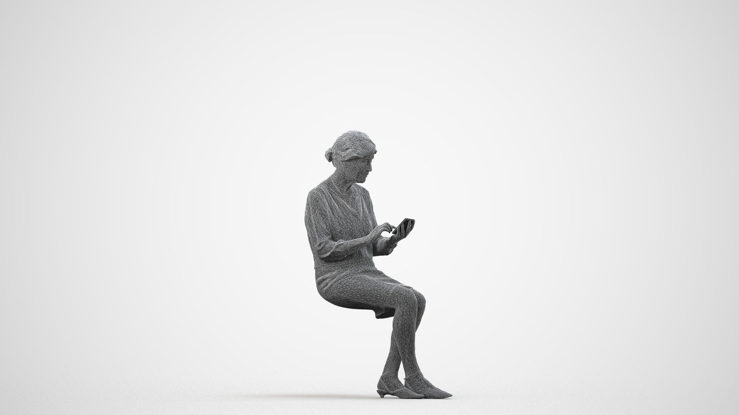 scanned 3D senior woman business sitting, photogrammetry people for Enscape and V-Ray, wireframe side view