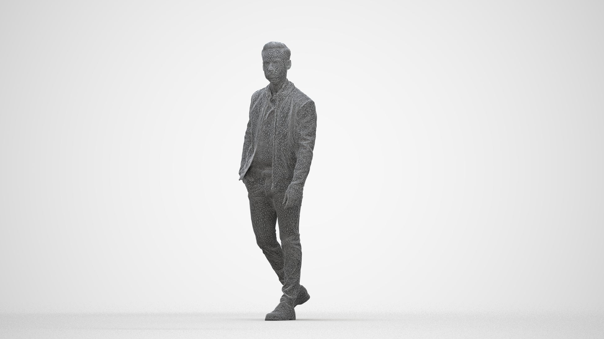 3D scanned man walking business, photorealistic archviz people for Enscape and SketchUp, wireframe back view