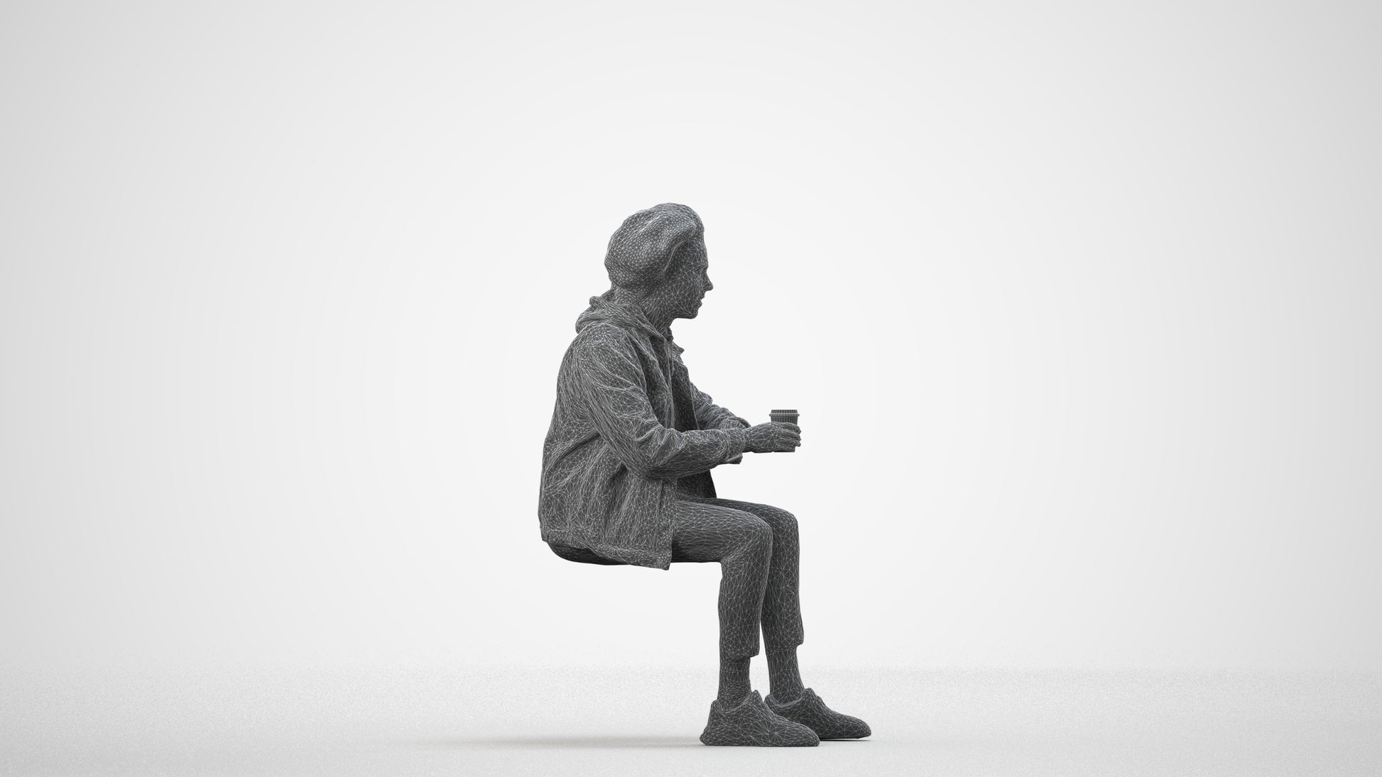 photogrammetry 3D man casual sitting, realistic human model archviz FBX, wireframe side view