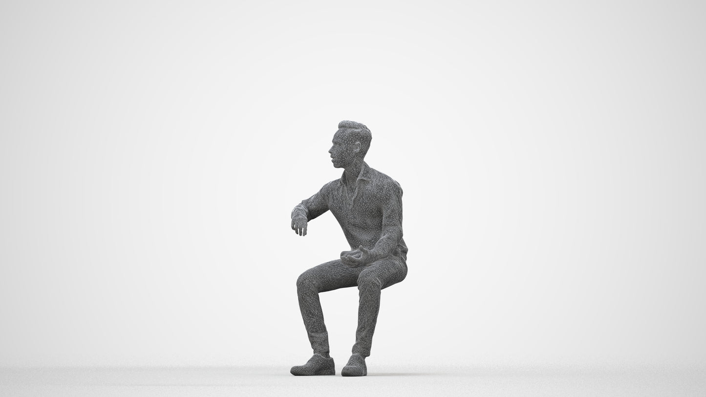 realistic 3D man business sitting, scanned archviz people for Blender and 3ds Max, wireframe back view