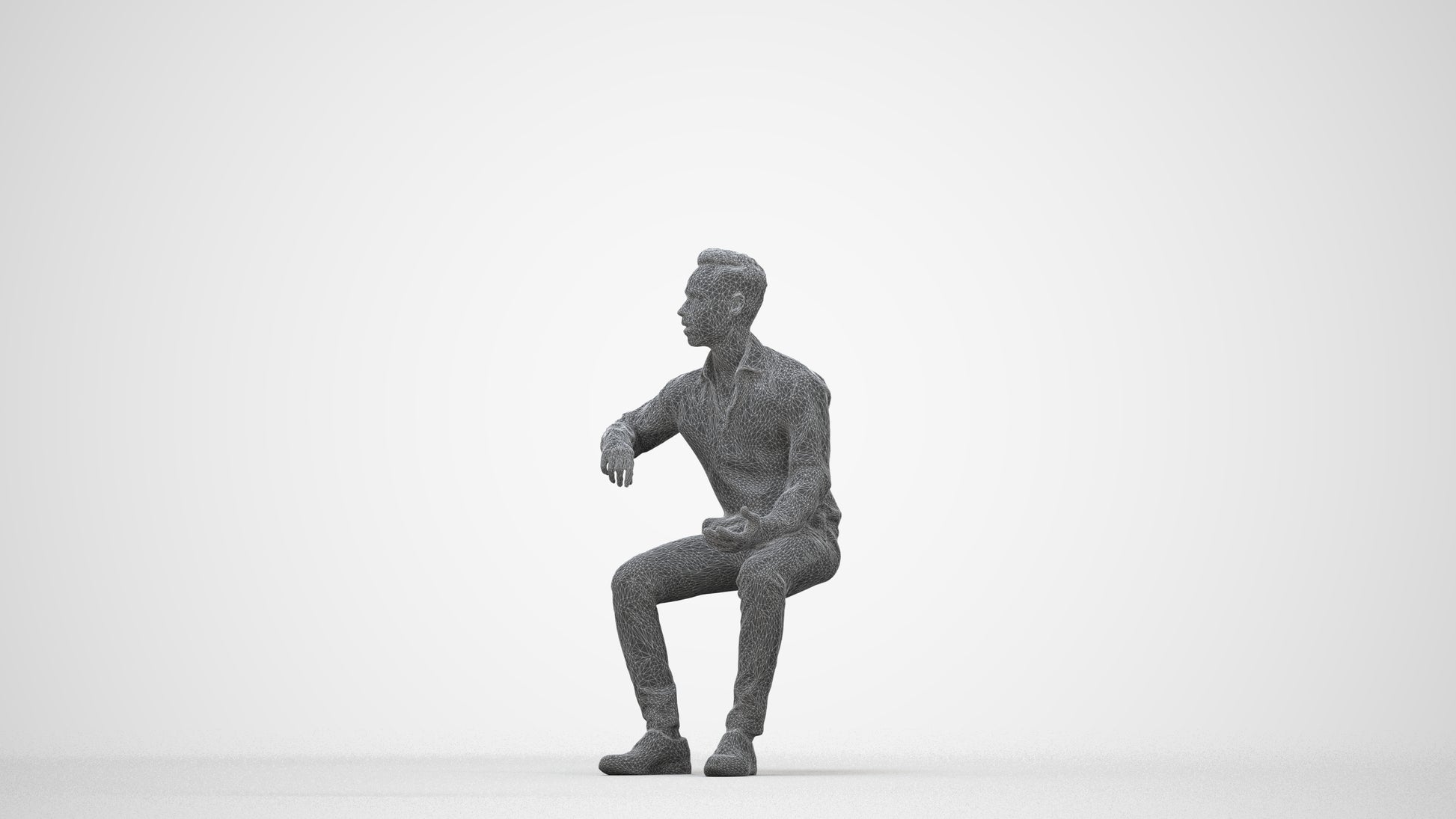 realistic 3D man business sitting, scanned archviz people for Blender and 3ds Max, wireframe back view