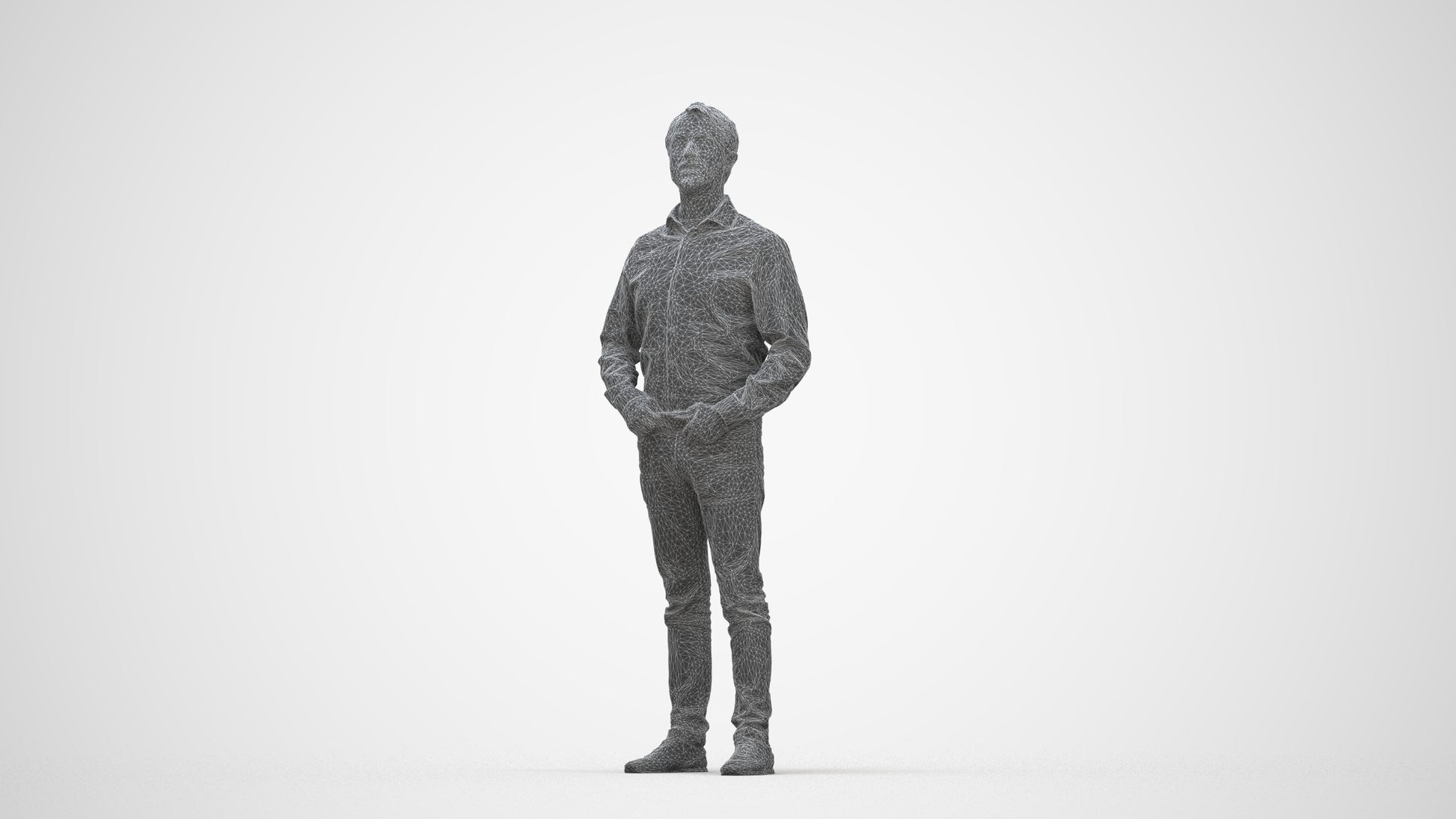 3D scanned man standing business, photorealistic archviz people for Enscape and SketchUp, wireframe back view