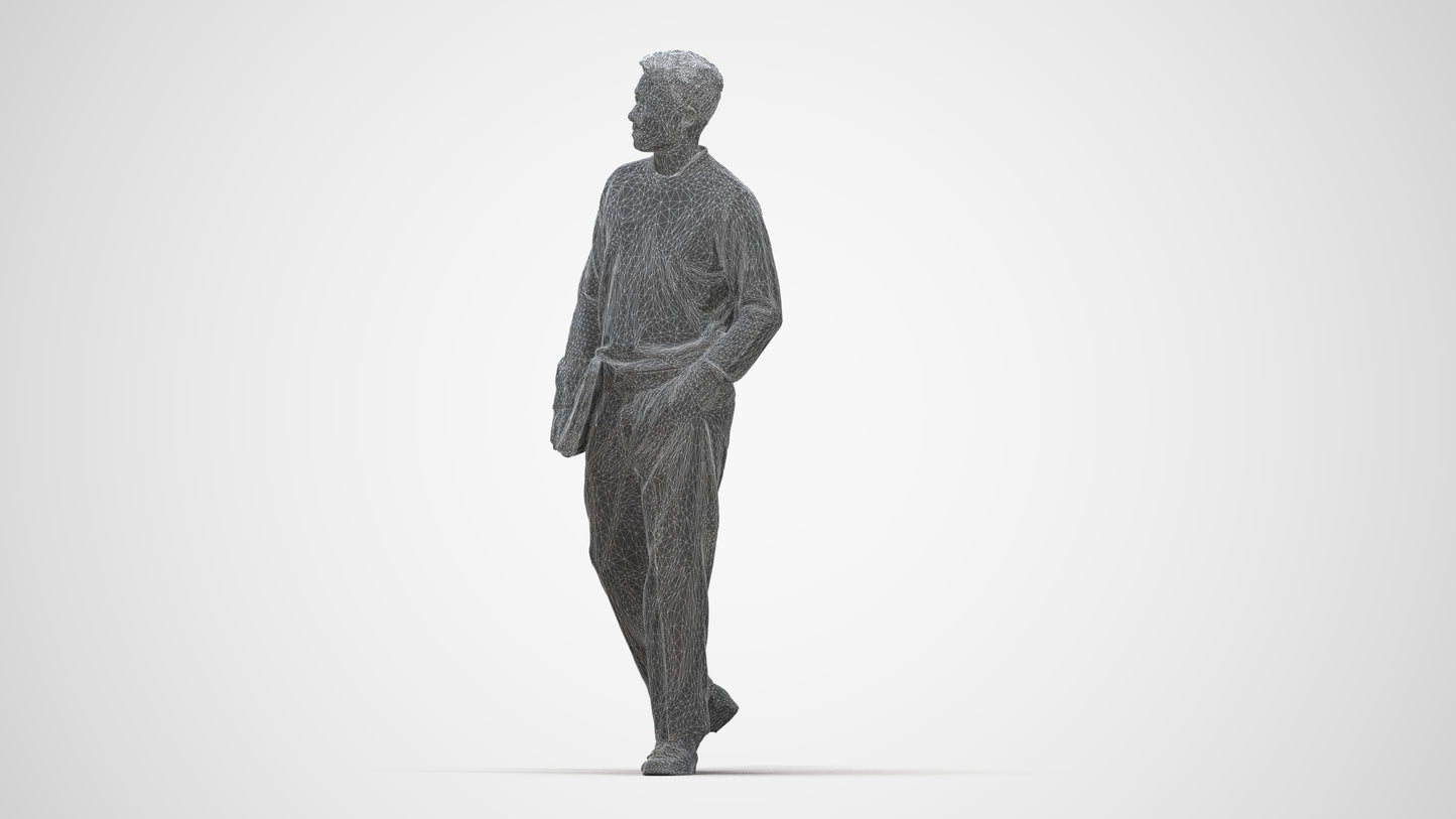 3D people model man casual walking, scanned human for 3ds Max rendering, wireframe back view