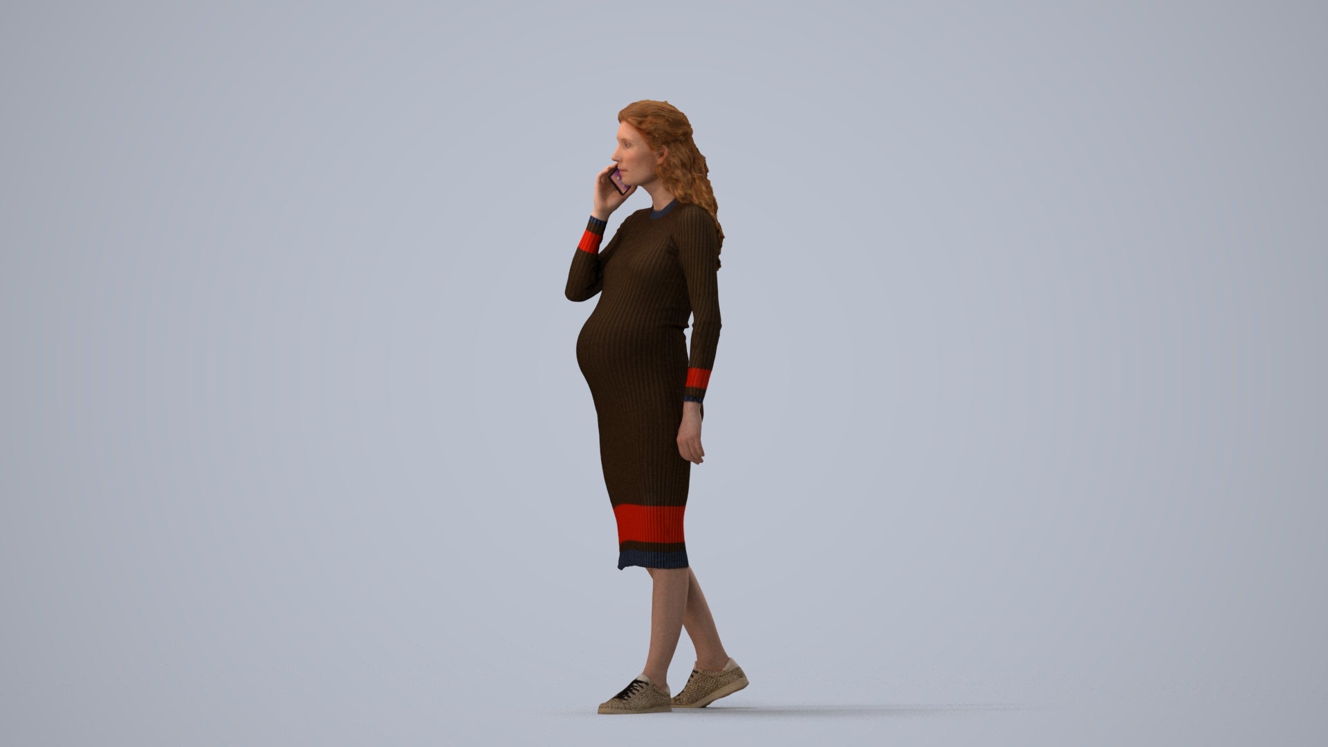 3D human model woman casual walking, photogrammetry scanned person for archviz, three-quarter view render