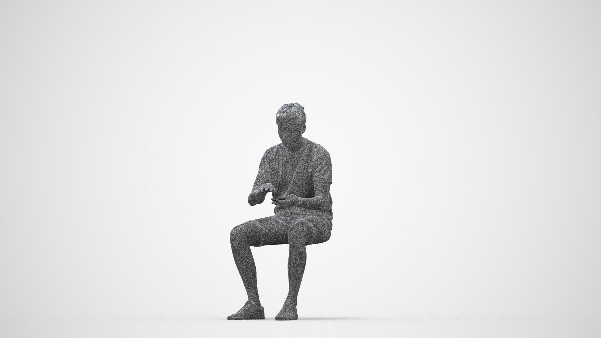 3D human model man casual sitting, photogrammetry scanned person for archviz, wireframe back view