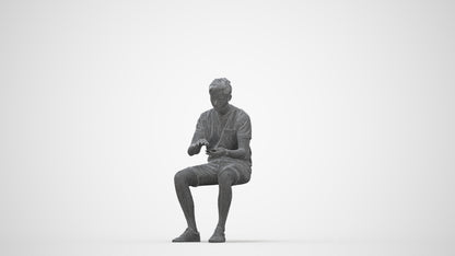 3D human model man casual sitting, photogrammetry scanned person for archviz, wireframe back view