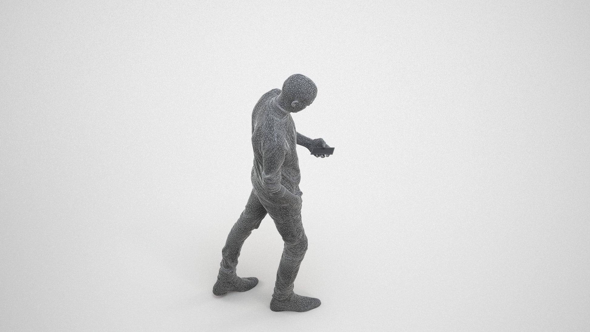 photogrammetry 3D man casual walking, realistic human model archviz FBX, wireframe three-quarter view