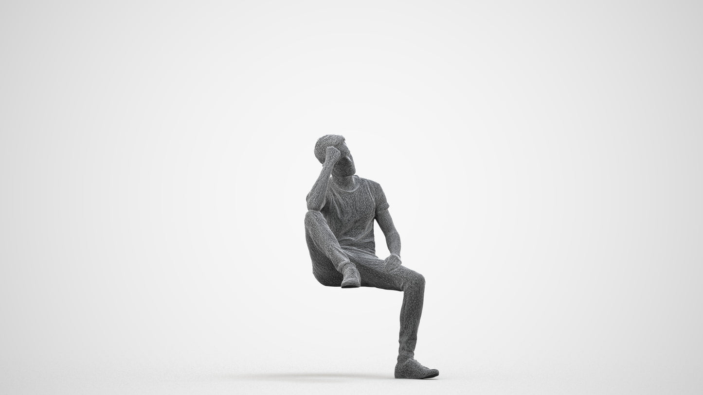 3D people model man casual sitting, scanned human for 3ds Max rendering, wireframe side view