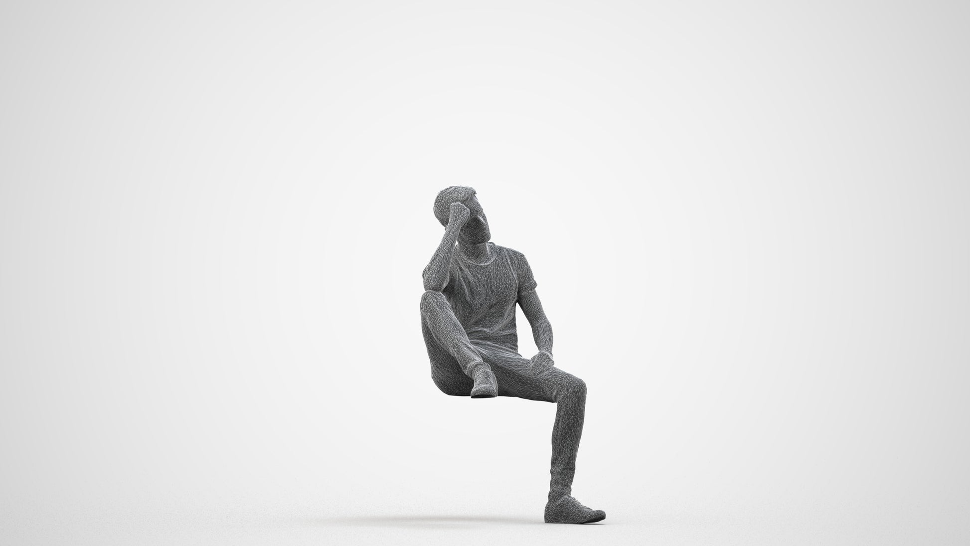 3D people model man casual sitting, scanned human for 3ds Max rendering, wireframe side view