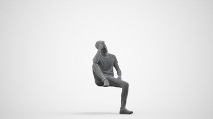 3D people model man casual sitting, scanned human for 3ds Max rendering, wireframe side view