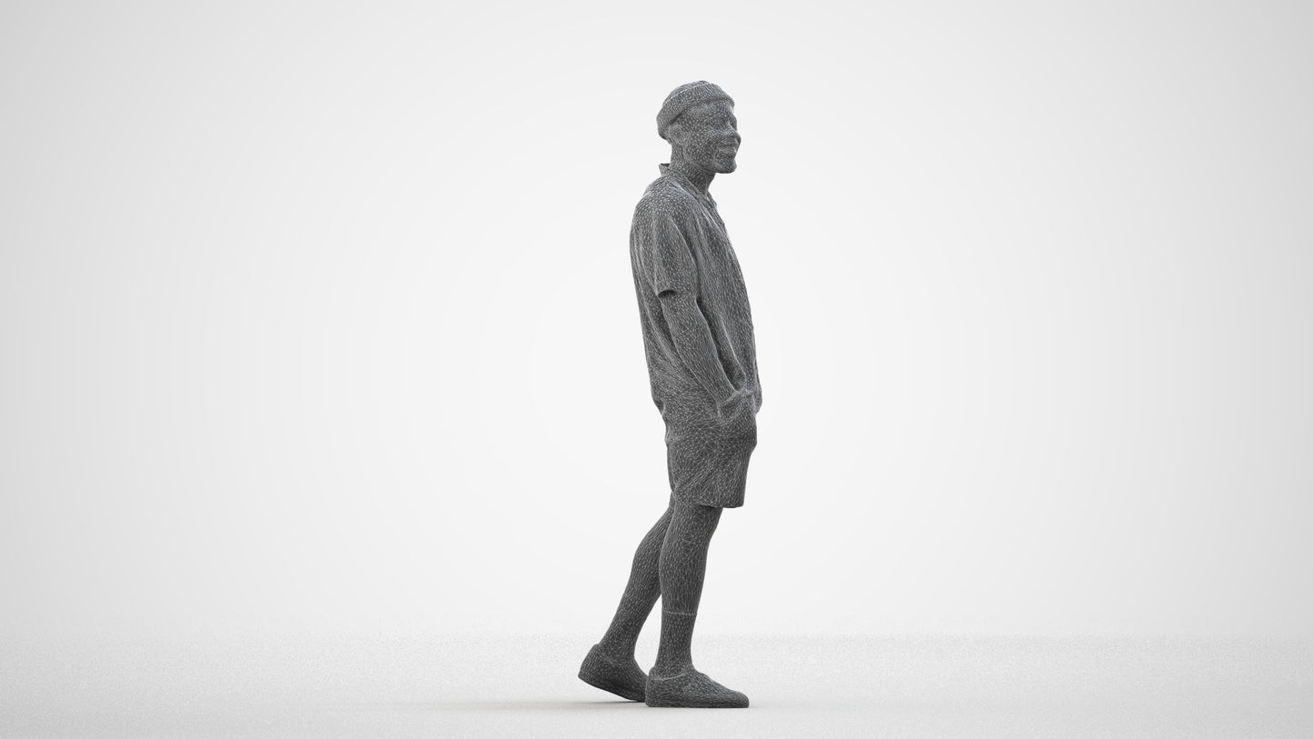 3D scanned man walking casual, photorealistic archviz people for Enscape and SketchUp, wireframe side view