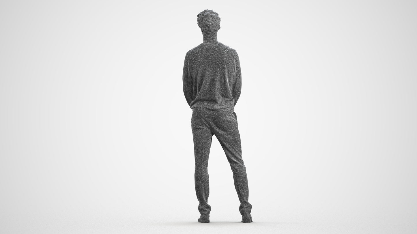 scanned 3D man casual standing, photogrammetry people for Enscape and V-Ray, wireframe front view