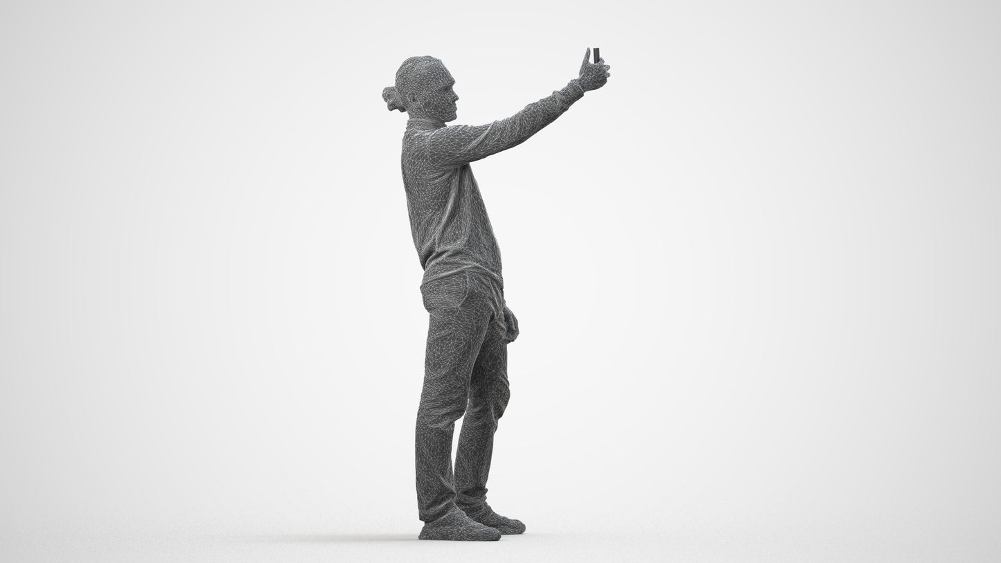 3D scanned man standing casual, photorealistic archviz people for Enscape and SketchUp, wireframe side view