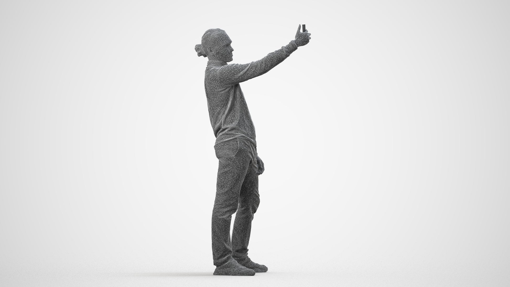 3D scanned man standing casual, photorealistic archviz people for Enscape and SketchUp, wireframe side view