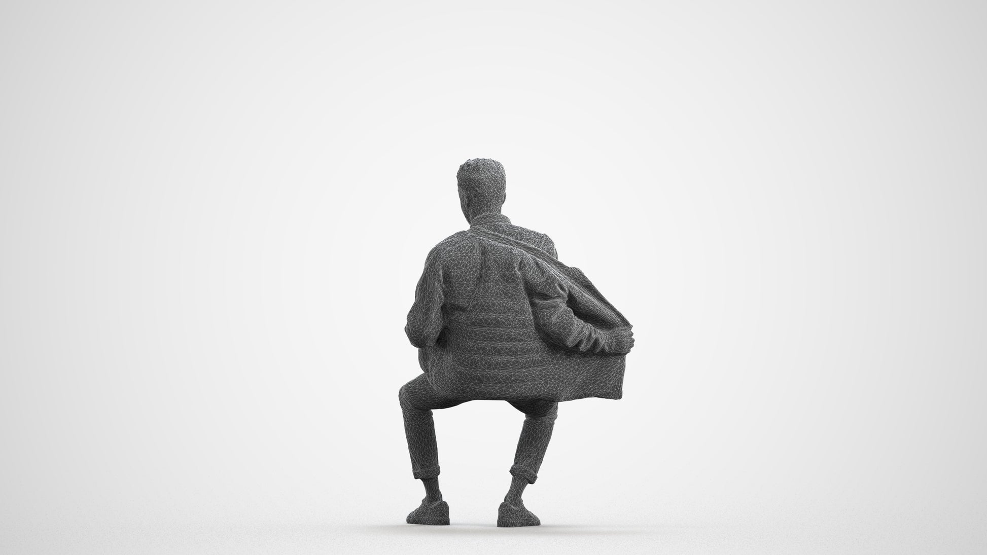 realistic 3D man casual sitting, scanned archviz people for Blender and 3ds Max, wireframe front view