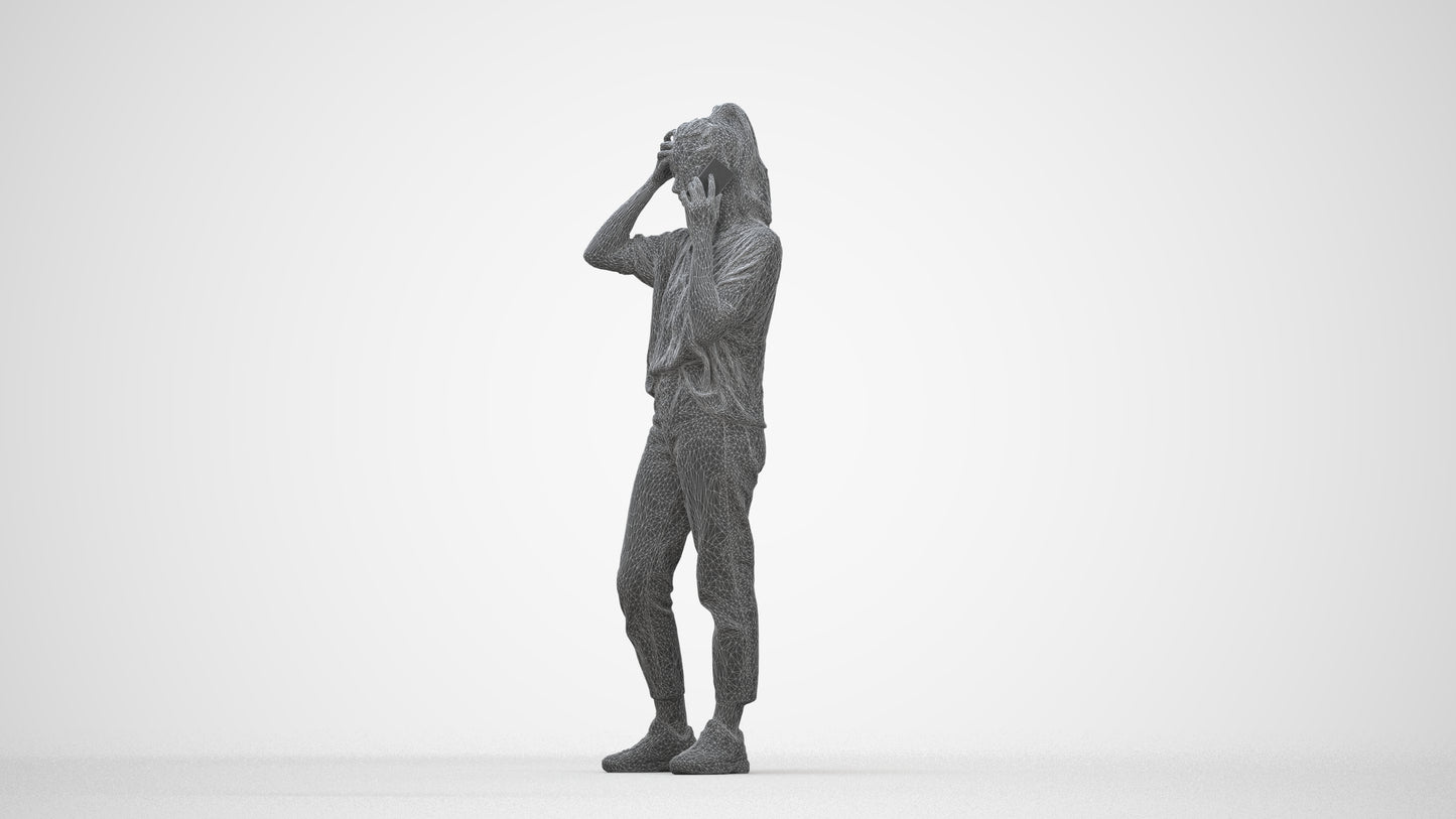 3D scanned woman standing casual, photorealistic archviz people for Enscape and SketchUp, wireframe back view