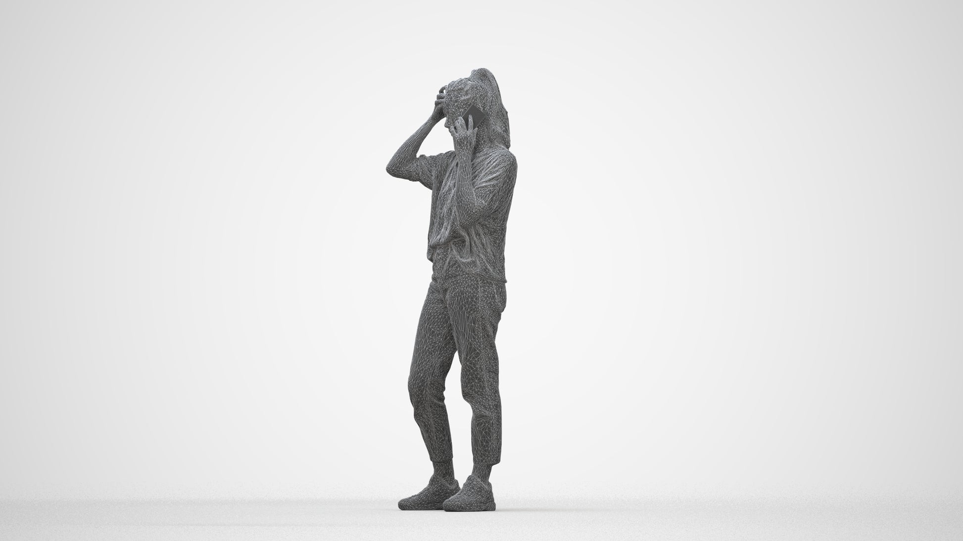 3D scanned woman standing casual, photorealistic archviz people for Enscape and SketchUp, wireframe back view