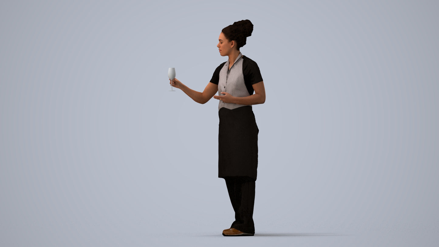 photogrammetry 3D woman hospitality, realistic human model archviz FBX, three-quarter view render