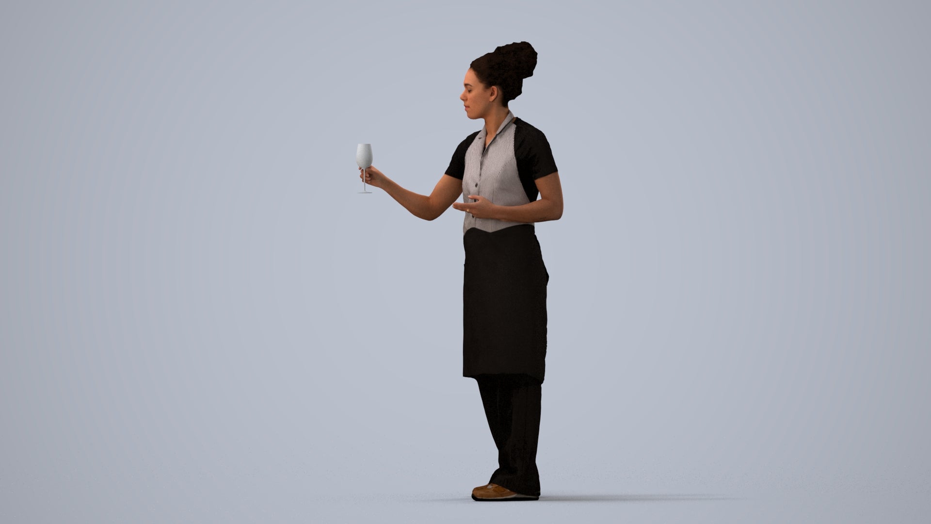 photogrammetry 3D woman hospitality, realistic human model archviz FBX, three-quarter view render