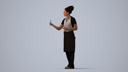 photogrammetry 3D woman hospitality, realistic human model archviz FBX, three-quarter view render
