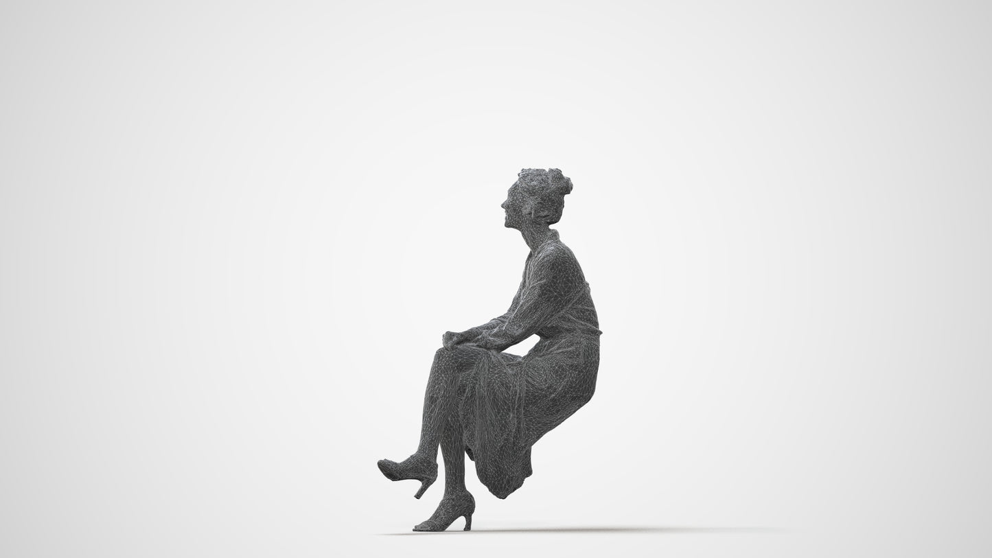scanned 3D woman casual sitting, photogrammetry people for Enscape and V-Ray, square thumbnail