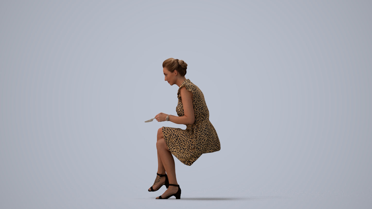 3D scanned woman sitting casual, photorealistic archviz people for Enscape and SketchUp, three-quarter view render