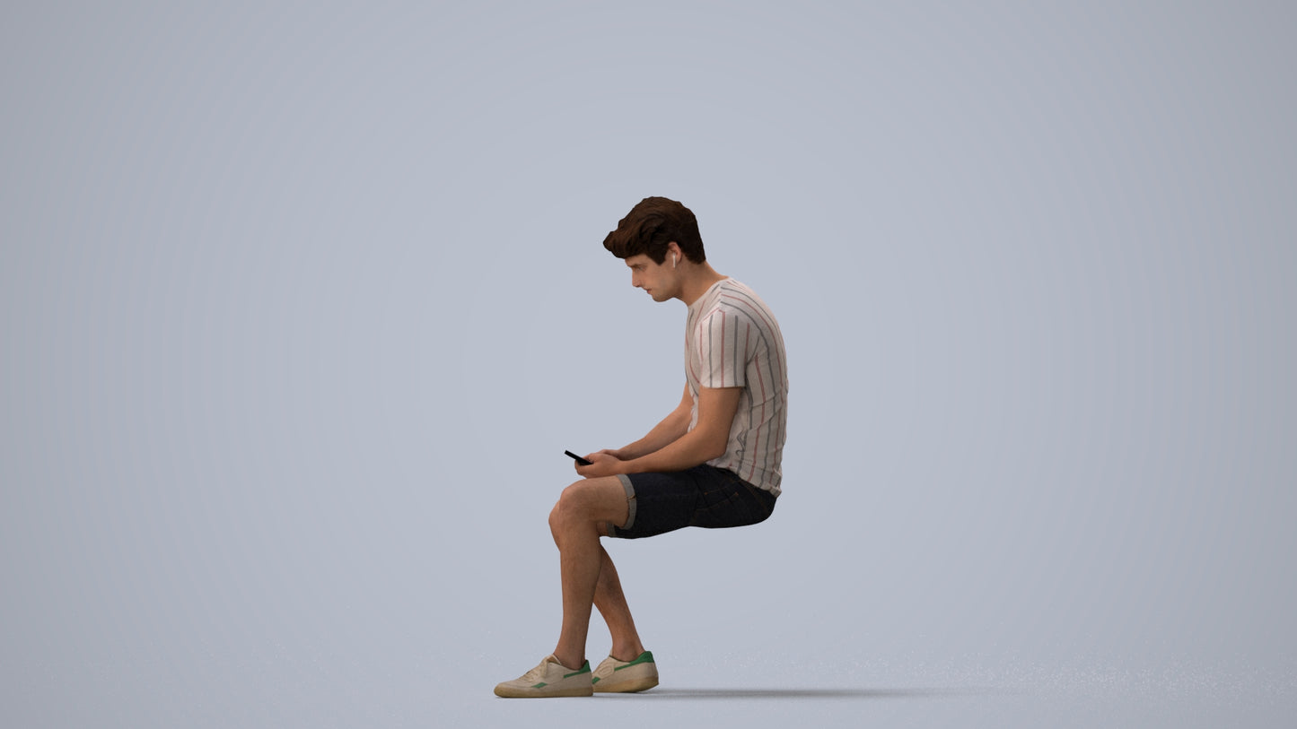 realistic 3D man casual sitting, scanned archviz people for Blender and 3ds Max, three-quarter view render
