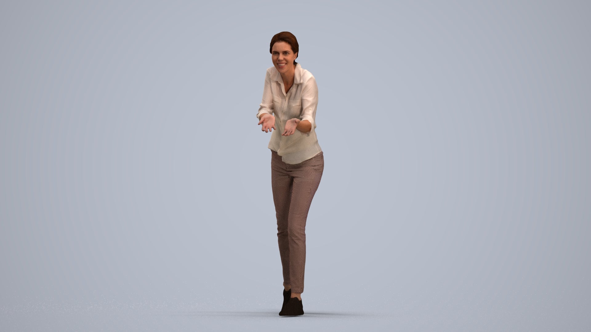 3D human model woman casual standing, photogrammetry scanned person for archviz, standing pose render