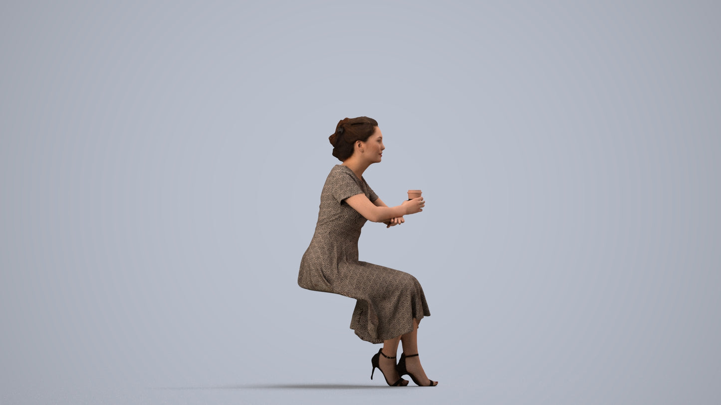 realistic 3D woman casual sitting, scanned archviz people for Blender and 3ds Max, side view render