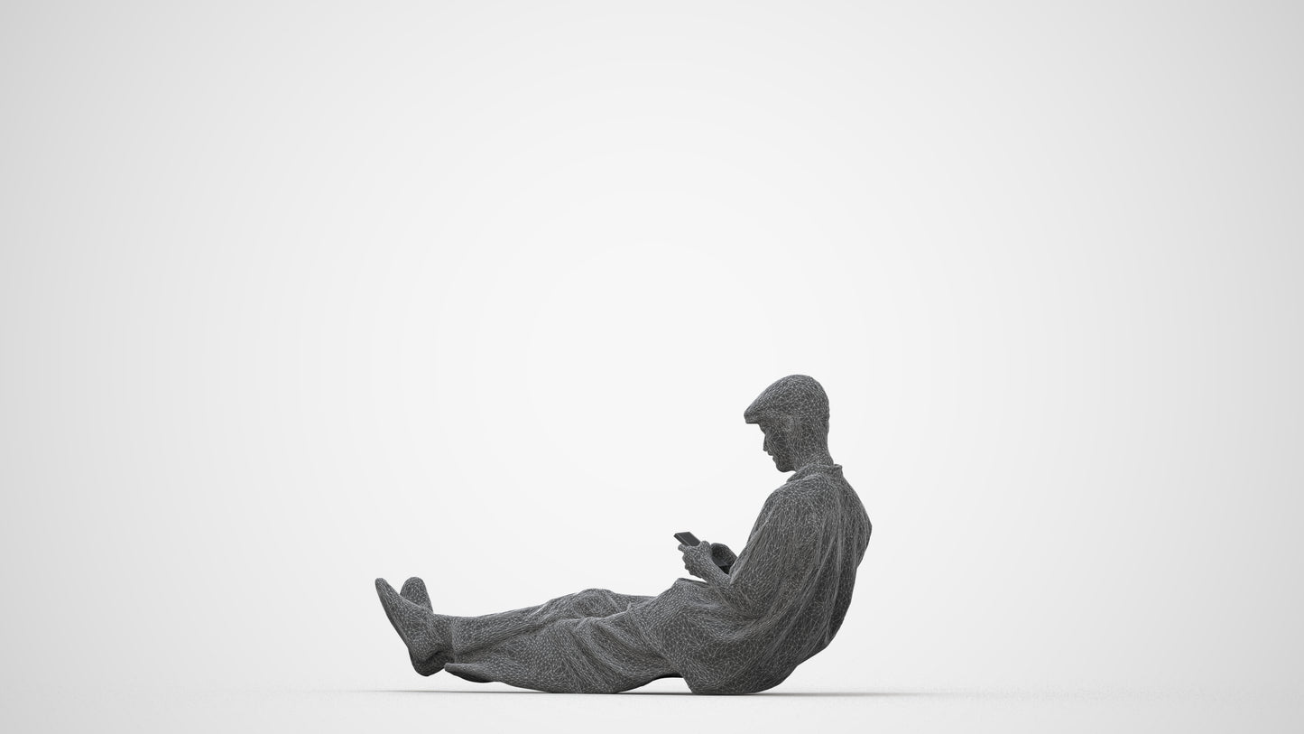 photogrammetry 3D man casual sitting, realistic human model archviz FBX, wireframe back view