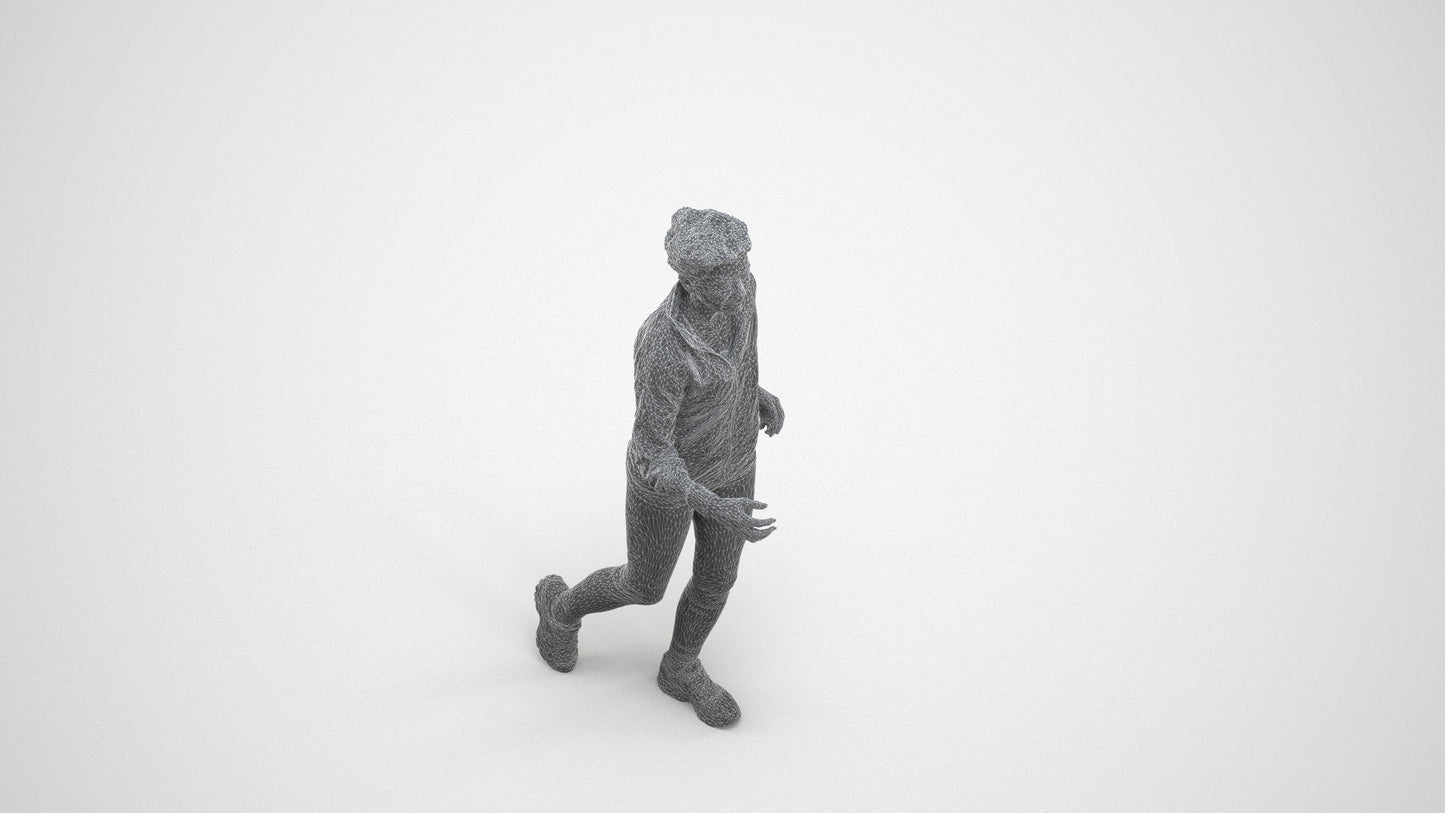 3D human model woman sport, photogrammetry scanned person for archviz, wireframe three-quarter view