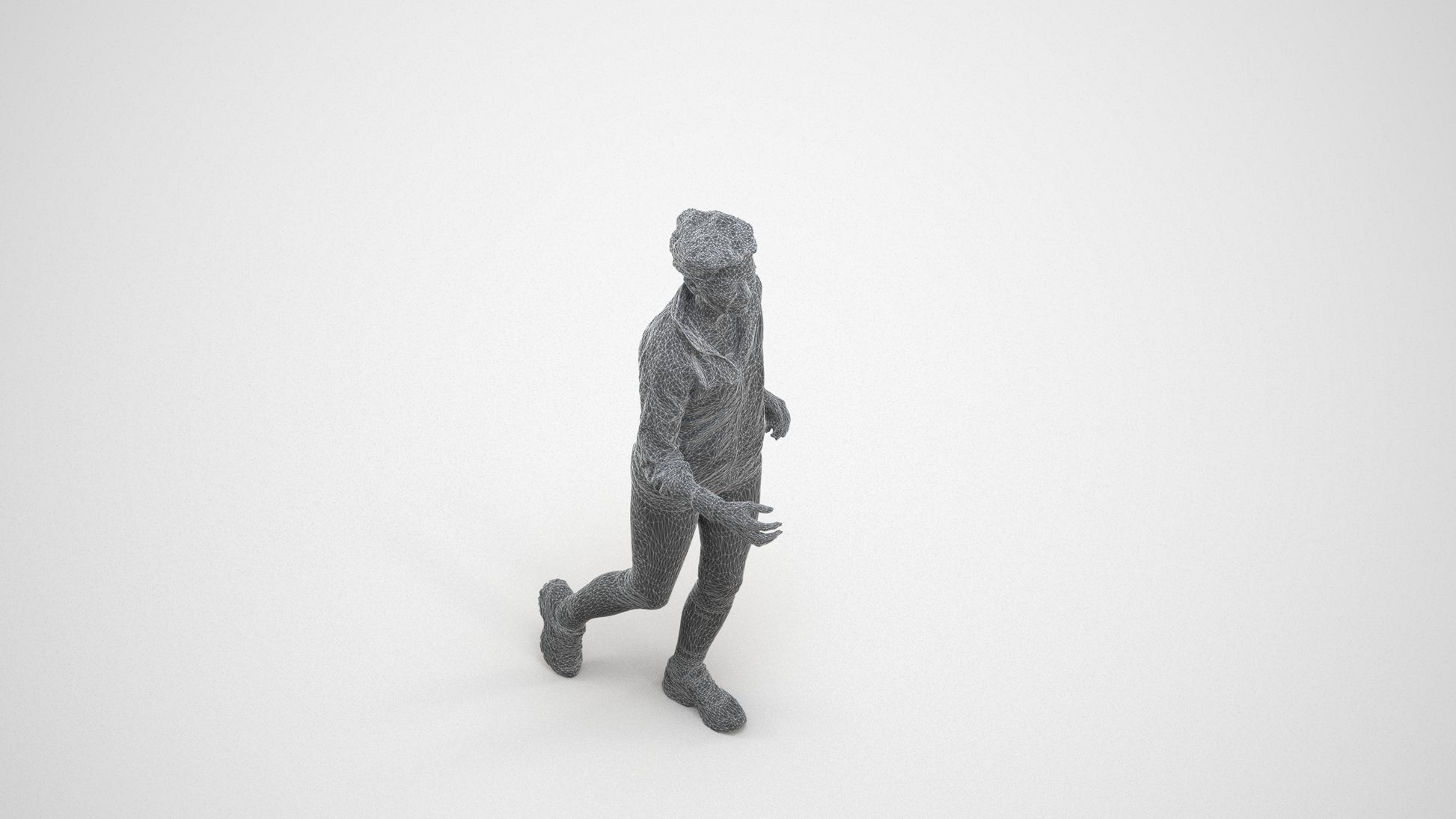 3D human model woman sport, photogrammetry scanned person for archviz, wireframe three-quarter view