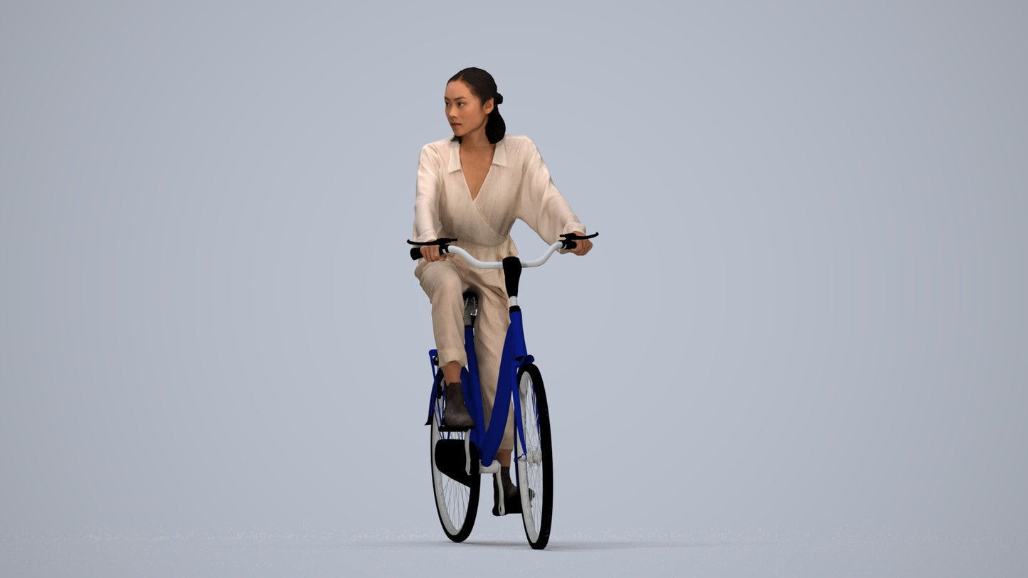 3D human model woman casual cycling, photogrammetry scanned person for archviz, top-down view render