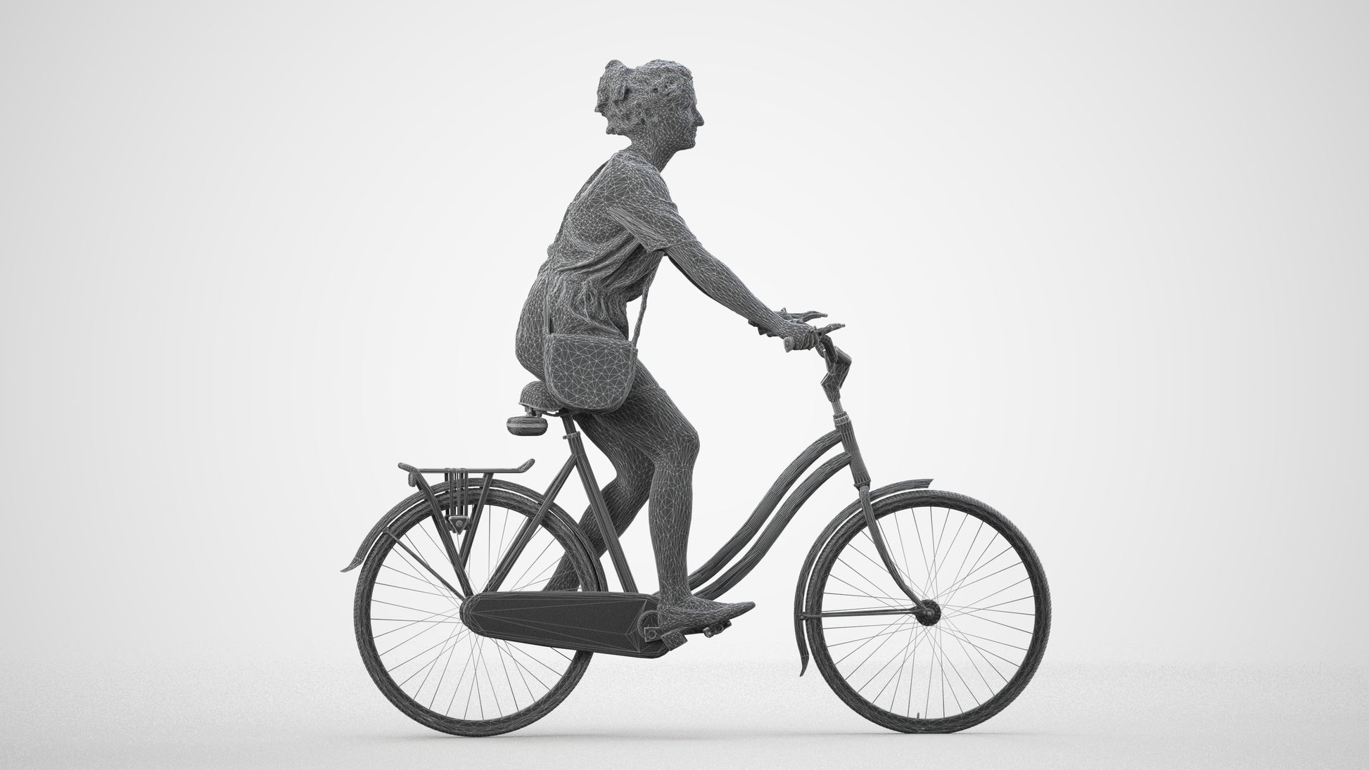 realistic 3D woman casual cycling, scanned archviz people for Blender and 3ds Max, wireframe side view