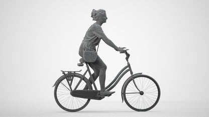 realistic 3D woman casual cycling, scanned archviz people for Blender and 3ds Max, wireframe side view