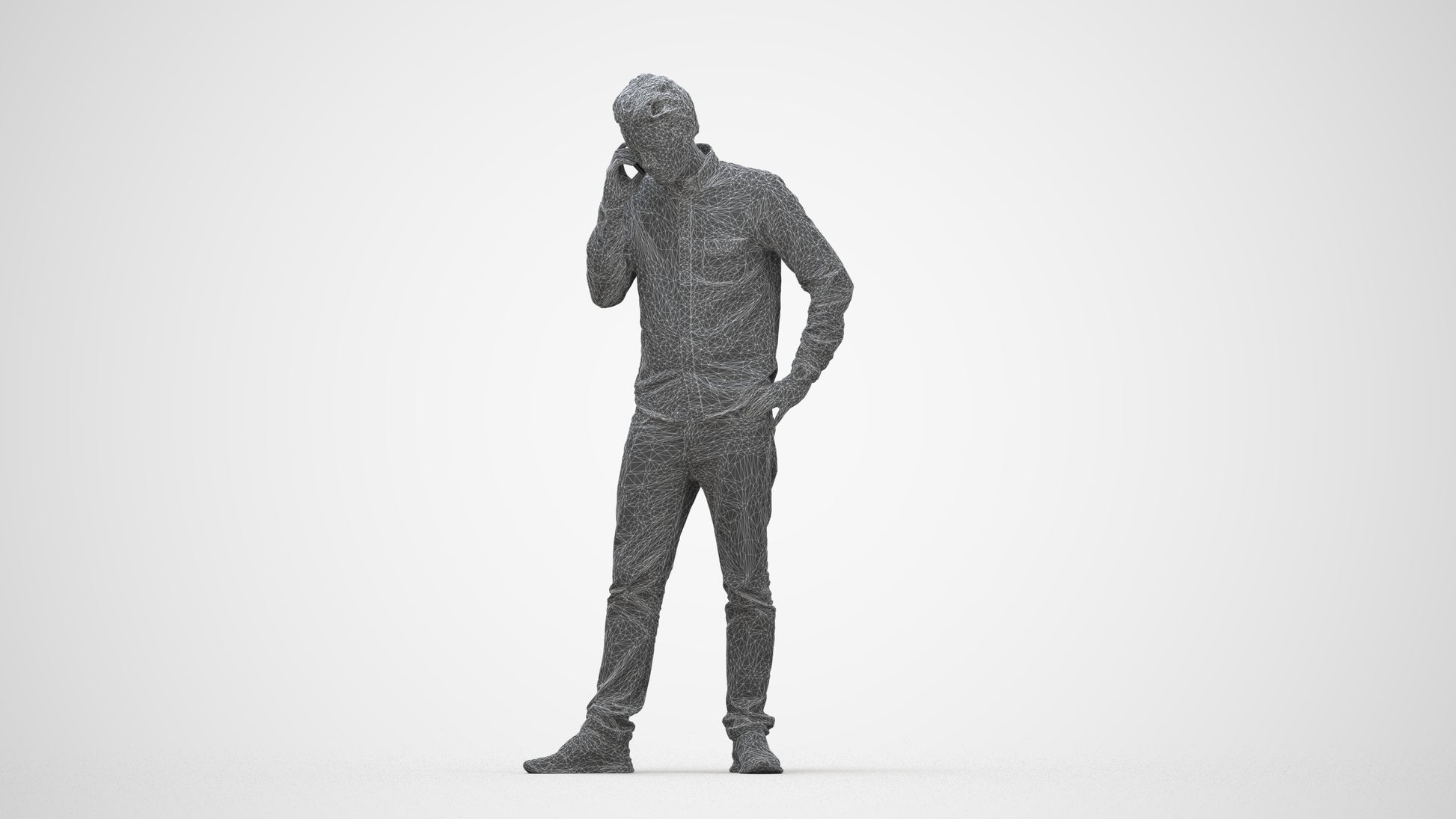scanned 3D man casual standing, photogrammetry people for Enscape and V-Ray, wireframe back view