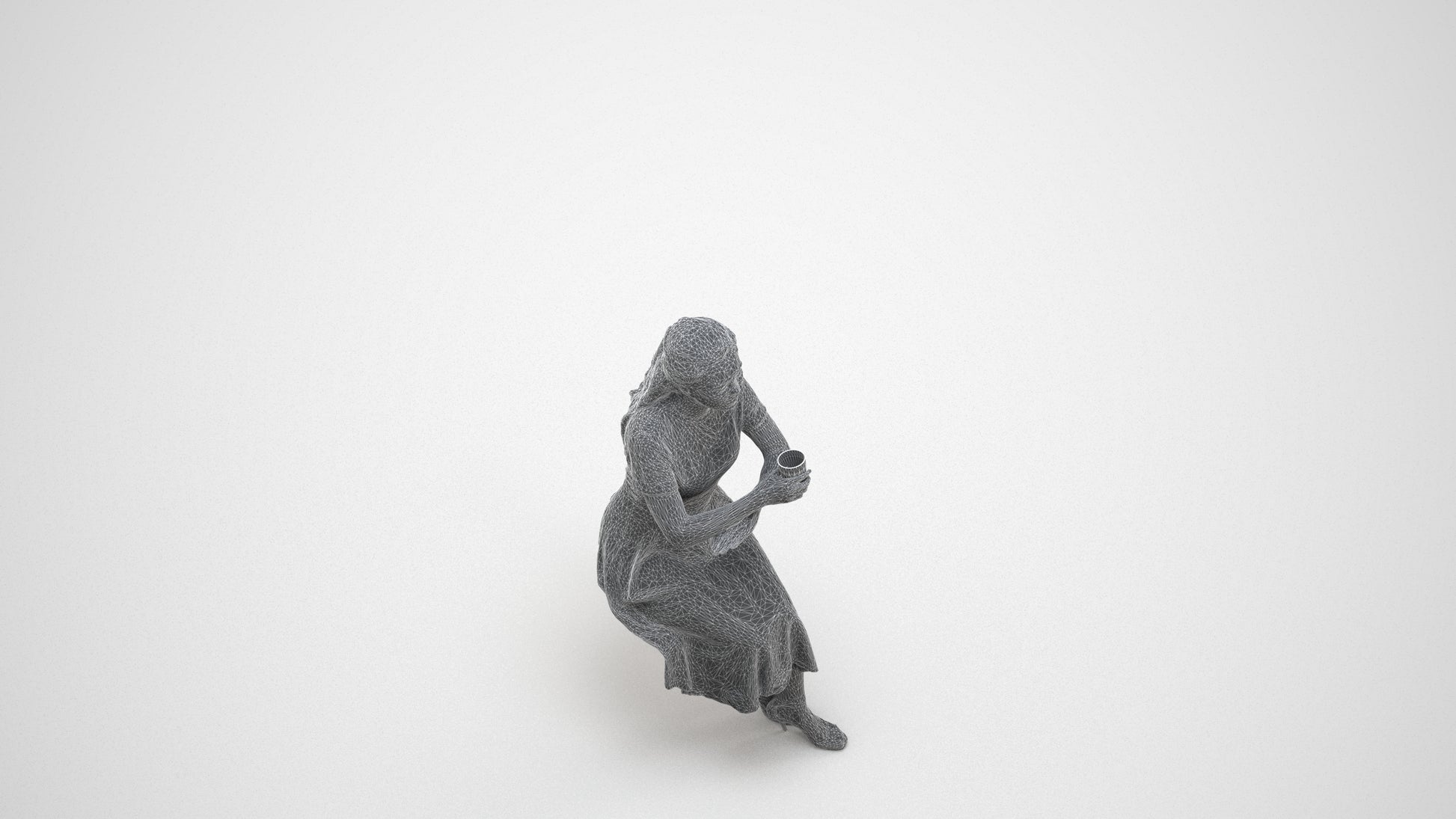 3D human model woman casual sitting, photogrammetry scanned person for archviz, wireframe three-quarter view