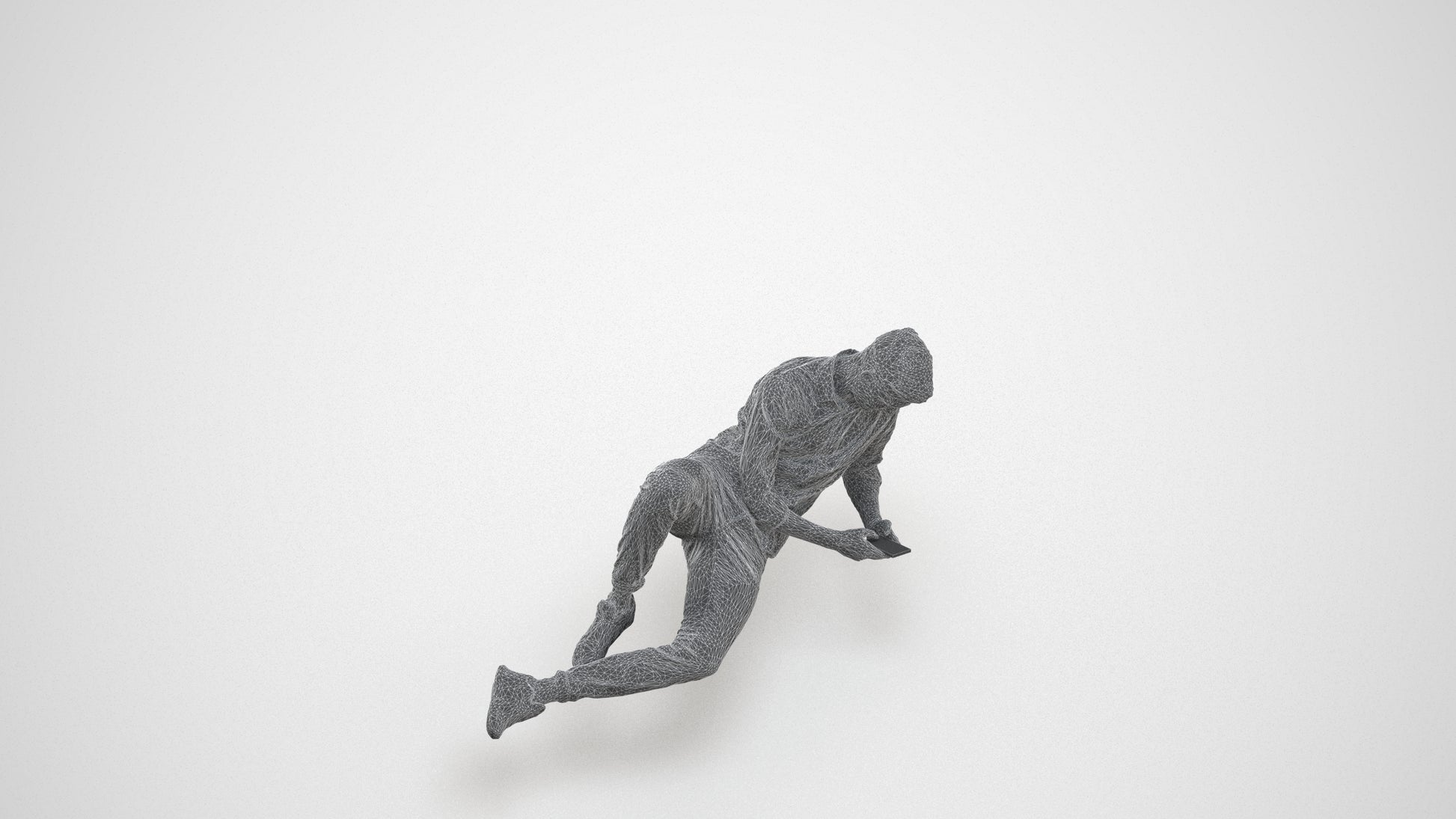 photogrammetry 3D man casual sitting, realistic human model archviz FBX, wireframe three-quarter view