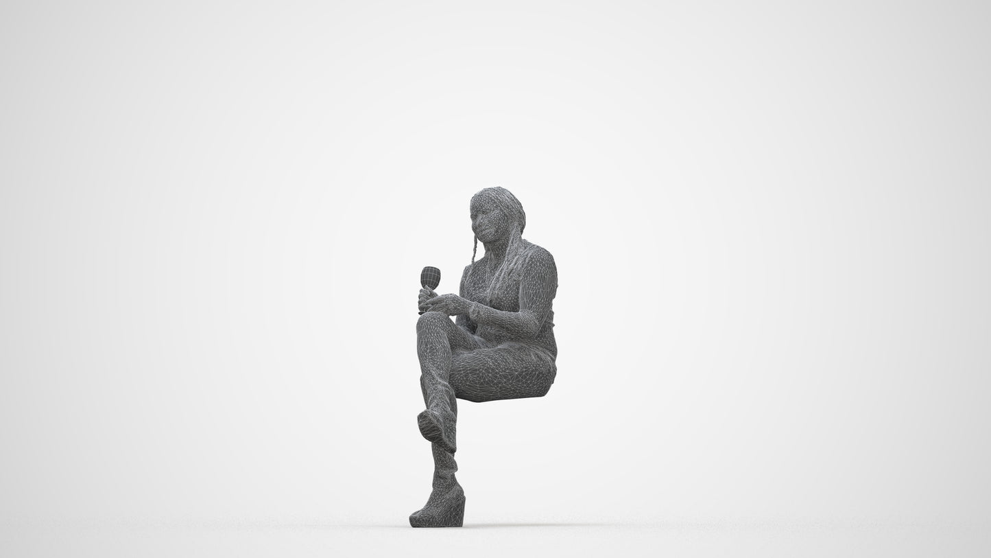 3D human model woman casual sitting, photogrammetry scanned person for archviz, wireframe back view