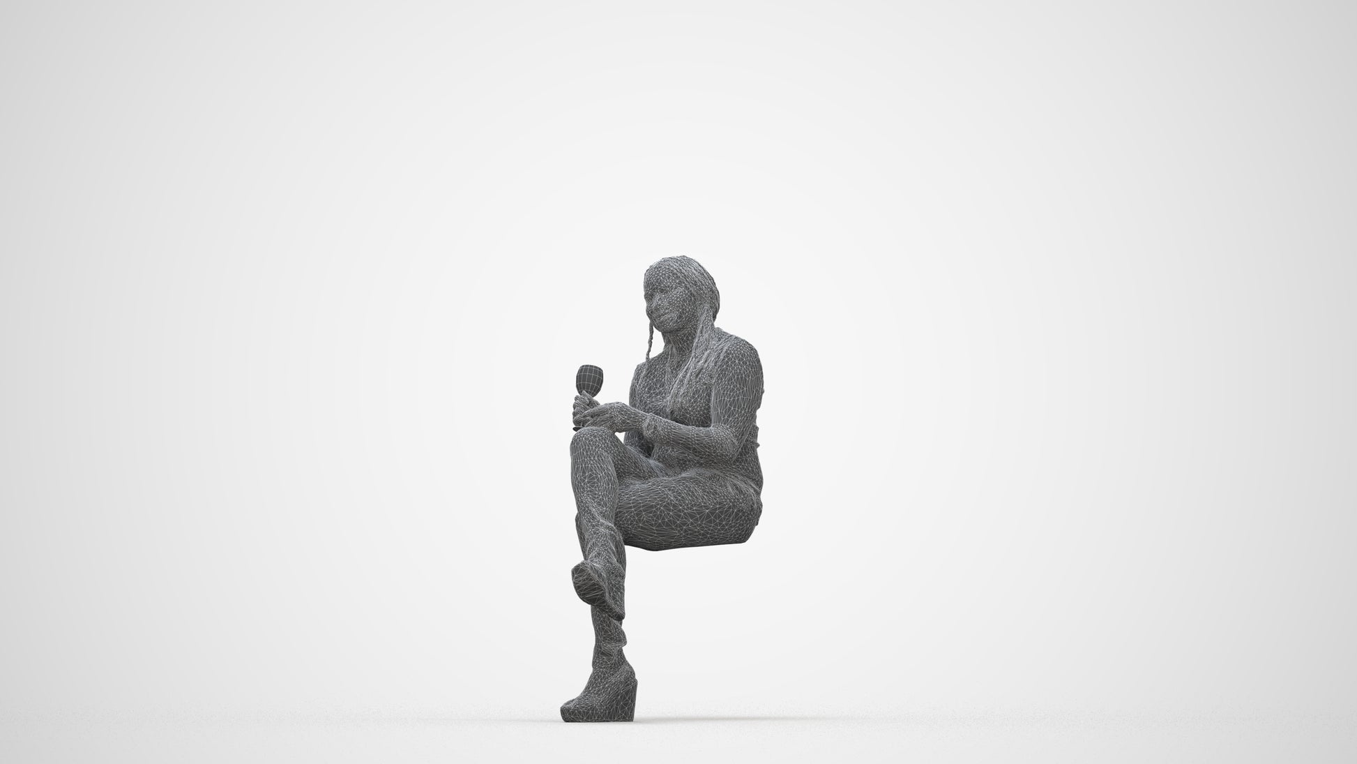 3D human model woman casual sitting, photogrammetry scanned person for archviz, wireframe back view