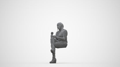 3D human model woman casual sitting, photogrammetry scanned person for archviz, wireframe back view