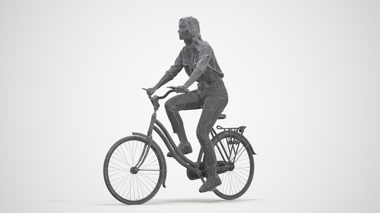 realistic 3D people woman casual cycling, render-ready for V-Ray and Corona, FBX OBJ, three-quarter front view render