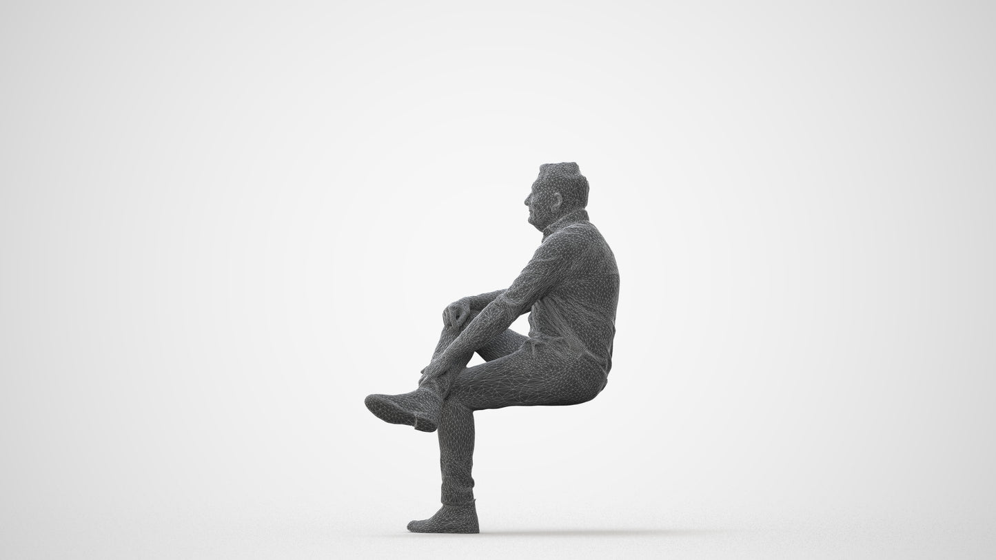 3D human model man casual sitting, photogrammetry scanned person for archviz, square thumbnail